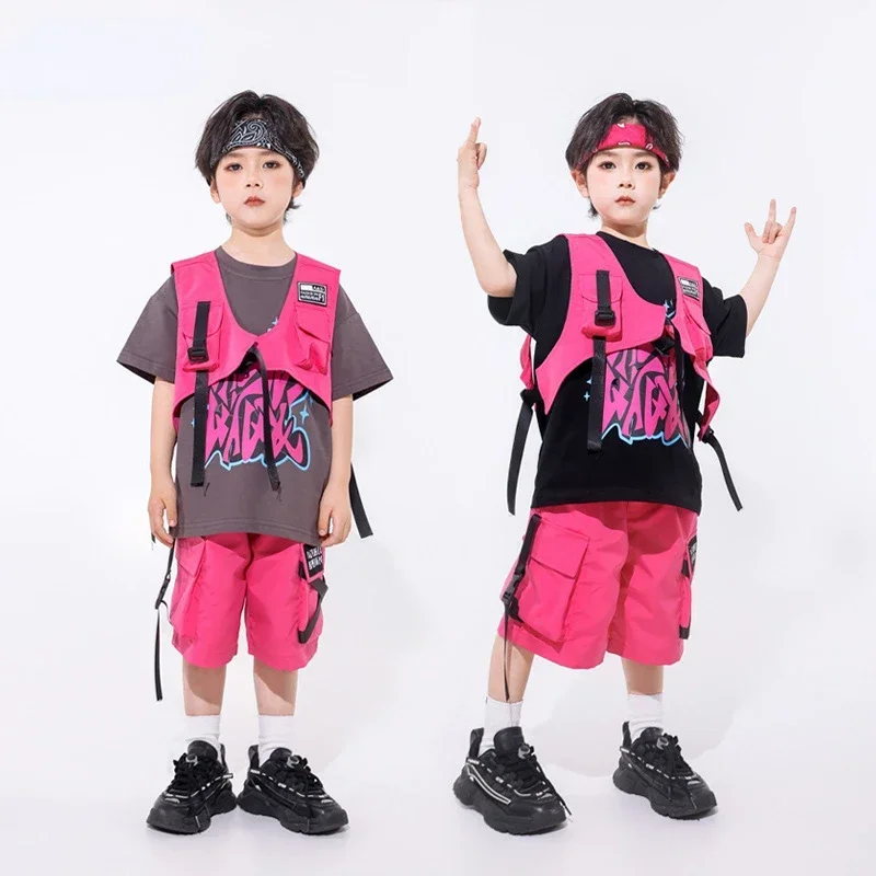 Neue Hip Hop Street Dance Kleidung für Jungen Rose Rot Weste Shorts Casual T Shirt Mädchen Jazz Leistung Kostüm Gruppe Bühne Outfits