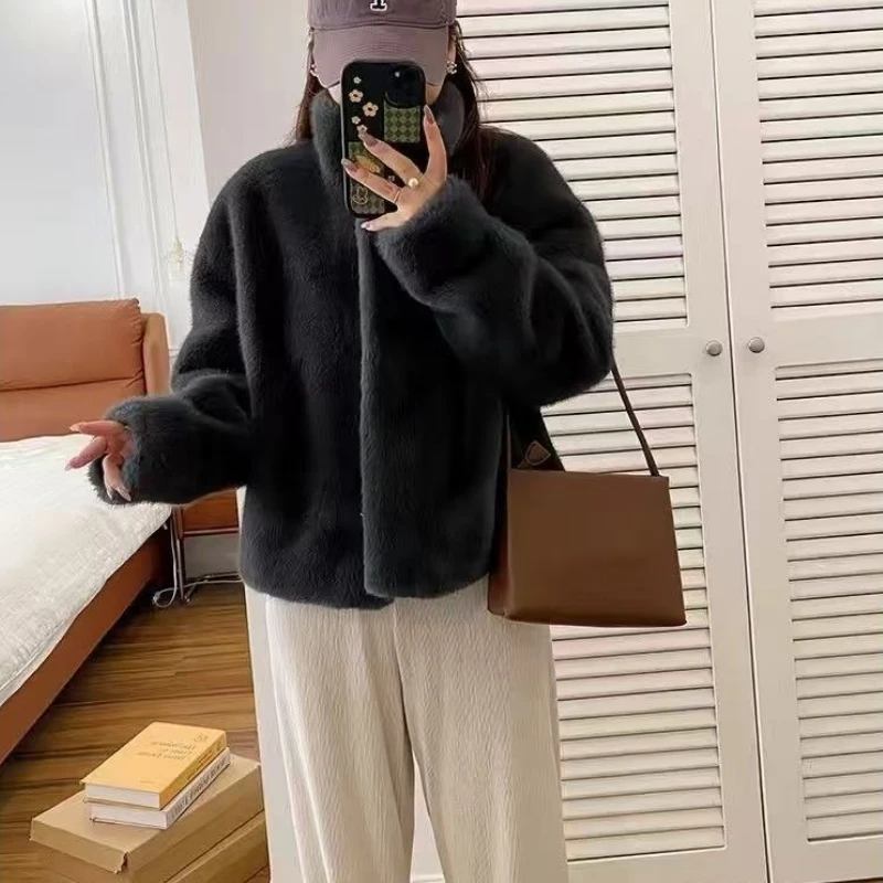 Luxo high-end falso pele de vison jaqueta inverno quente chique casaco de pele feminino bolso manga longa cardigan macio roupas femininas tendência