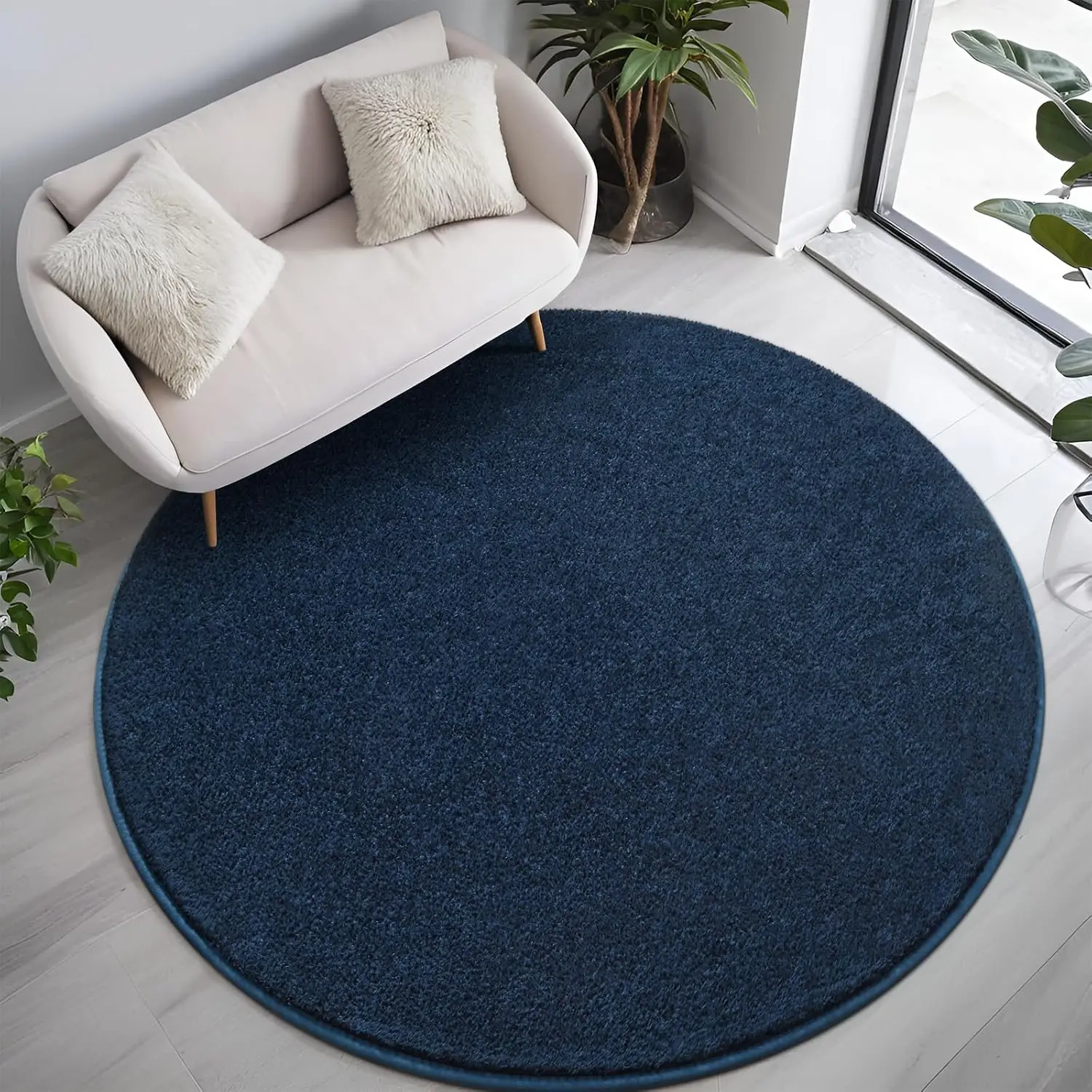 Round Navy Blue Polyester Area Rug for Living Room Modern Home Decor Soft Cozy Carpet Floor Mat for Sofa Bed Room Throw Rug