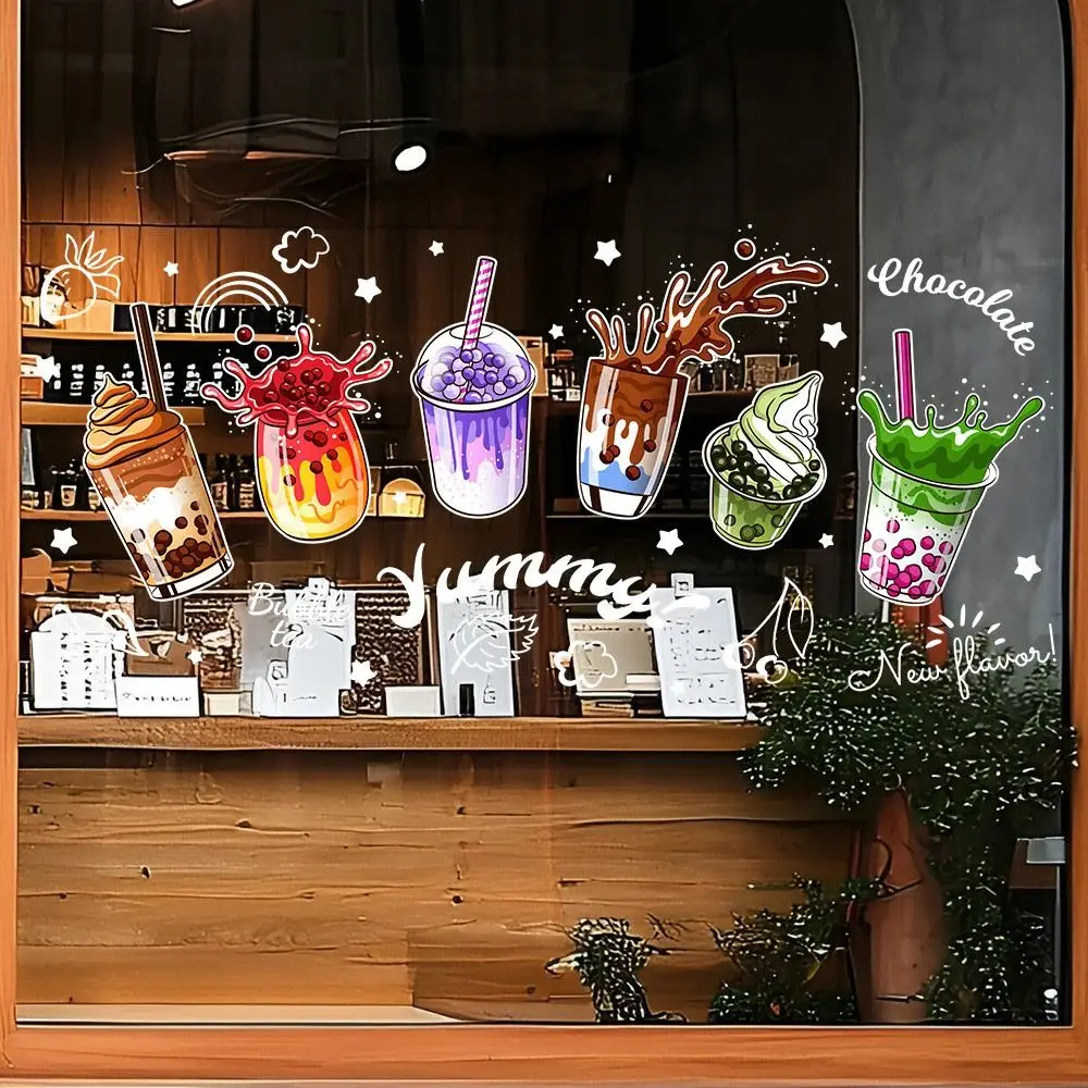 Multicolor Shopwindow Stickers Cartoon Ice Cream Bread Static Window Sticker Milk Tea Cup Glass Door Decals