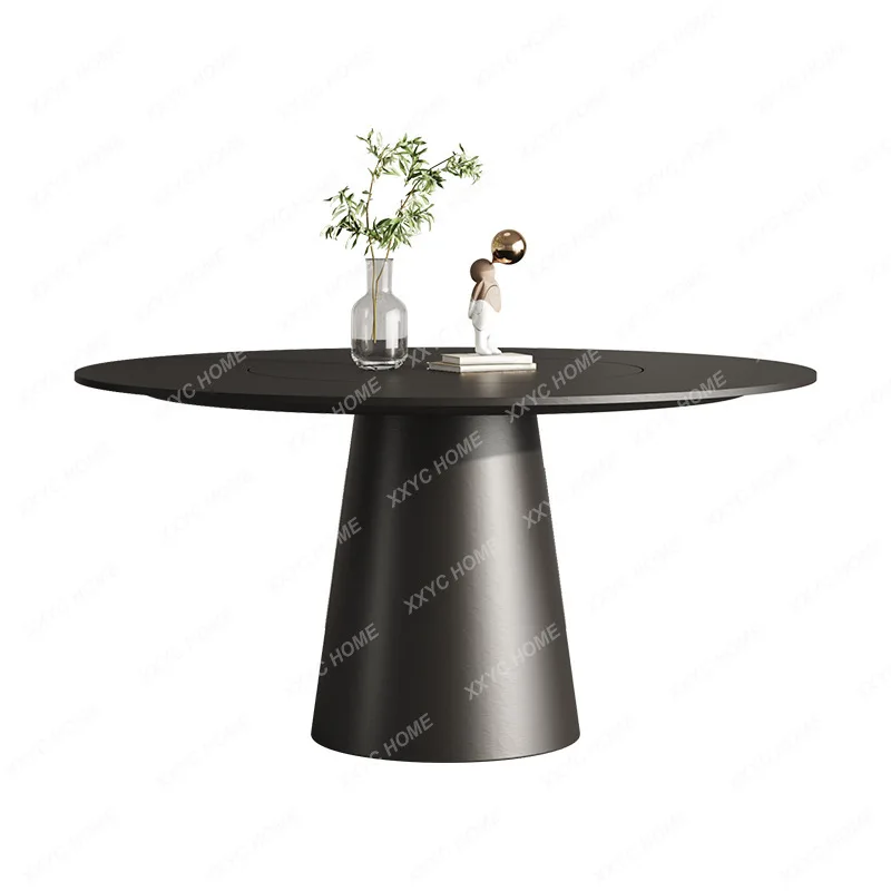 

round Stone Plate Dining Table with Embedded Turntable Pure Black round Table Small Apartment Dining Table and Chair