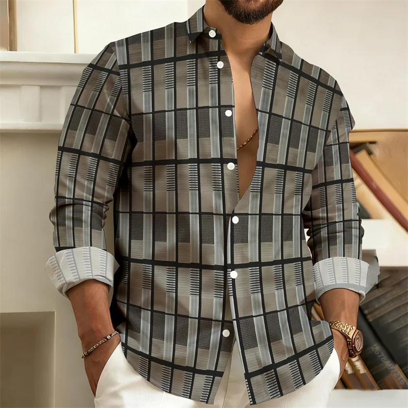 Men's Shirt Retro Brown Tartan Plaid Print Long Sleeve Button‑Down Top Daily Street Casual Mens Clothing