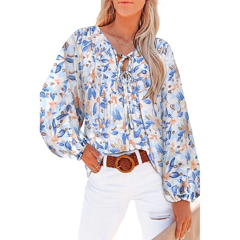 Dames Shirt Nieuwe Stijl Bloemenprint Shirt Met Veters V-Hals Casual Shirt Met Lange Mouwen En Street Shirt Voor Dames