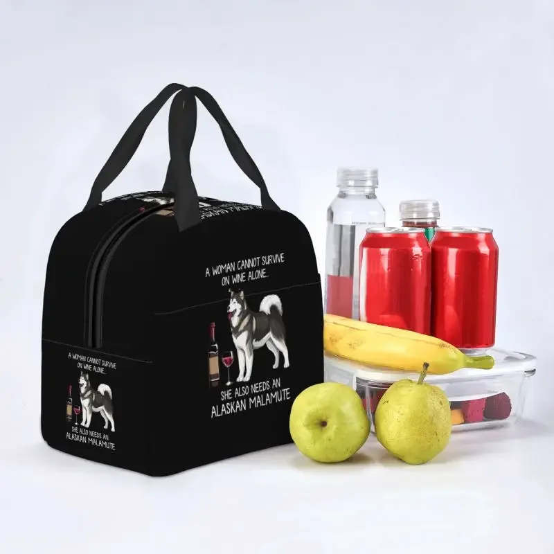 Malamute do Alasca e Vinho Lunch Bag Isolado, Funny Dog Bag para Camping, Viagem, Dog Lovers Cooler, Lancheira Térmica para Mulheres e Crianças