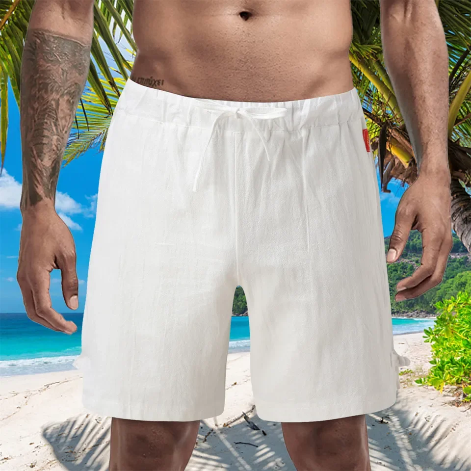 ヴィンテージファッション無地リネンショーツメンズ夏休みビーチカジュアルショーツルーズドローストリングレースアップワイドレッグショーツ