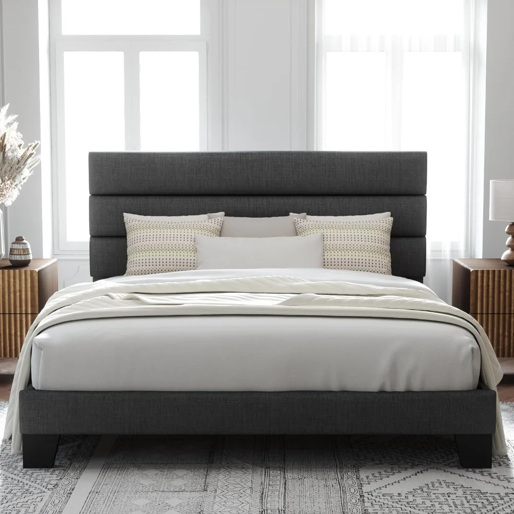 

Bed Frame Platform Bed with Fabric Upholstered Headboard and Wooden Slats Support, Fully Upholstered Mattress Foundation