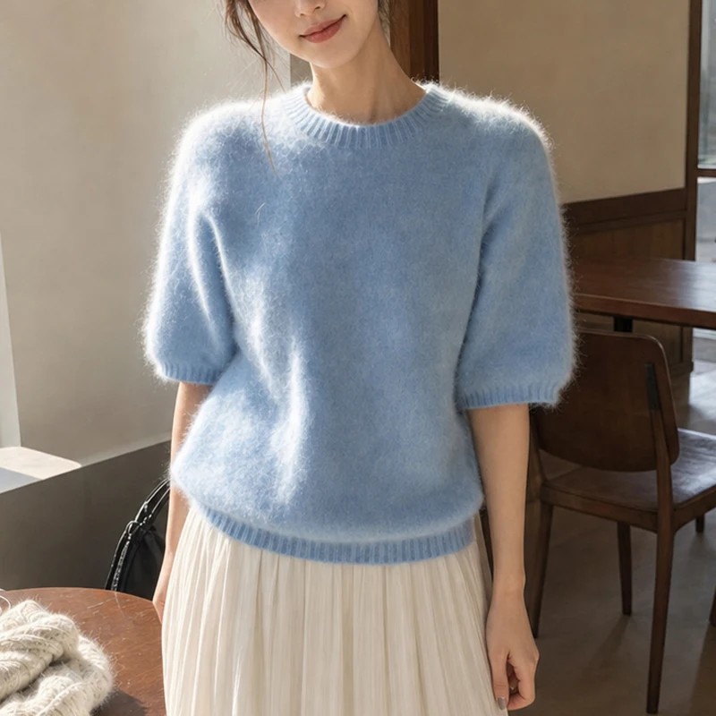 Spring And Autumn New 100% Pure Wool Women's Round Neck Short Sleeve Color Matching Sweater Loose Knit Bottoming Shirt