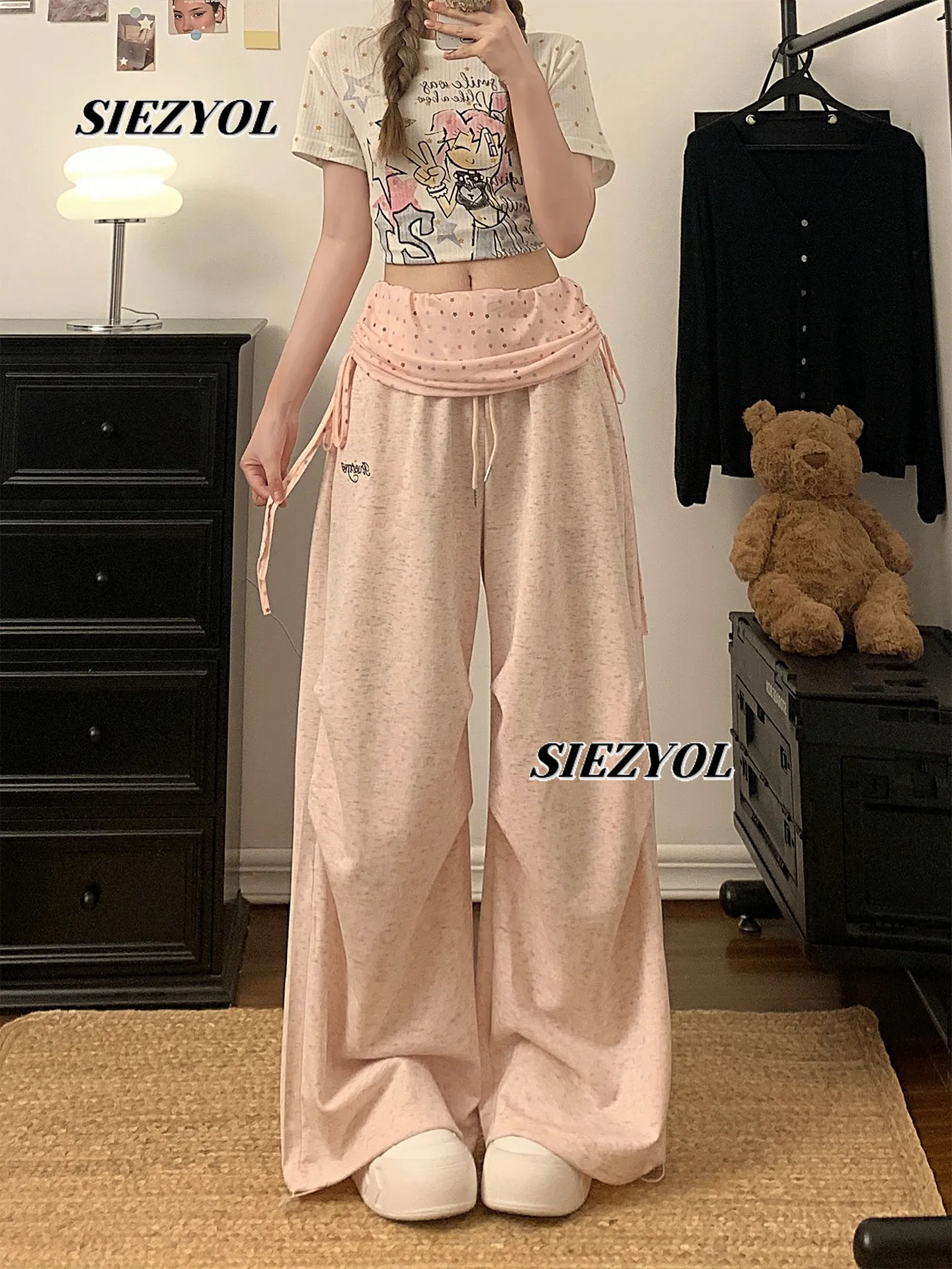 Splicing Sweatpants Women's Summer Thin American Style High Waist Loose Pleated Jazz Dance Wide Leg Straight Casual Trousers