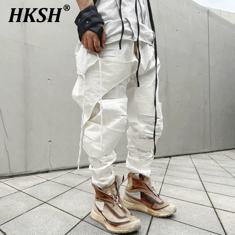 HKSH Men\'s Tide Punk Waste Land Asymmetric Hollow Out Adhesive Coated Cotton Motorcycle Casual Pants Fashion Avant Garde HK0768