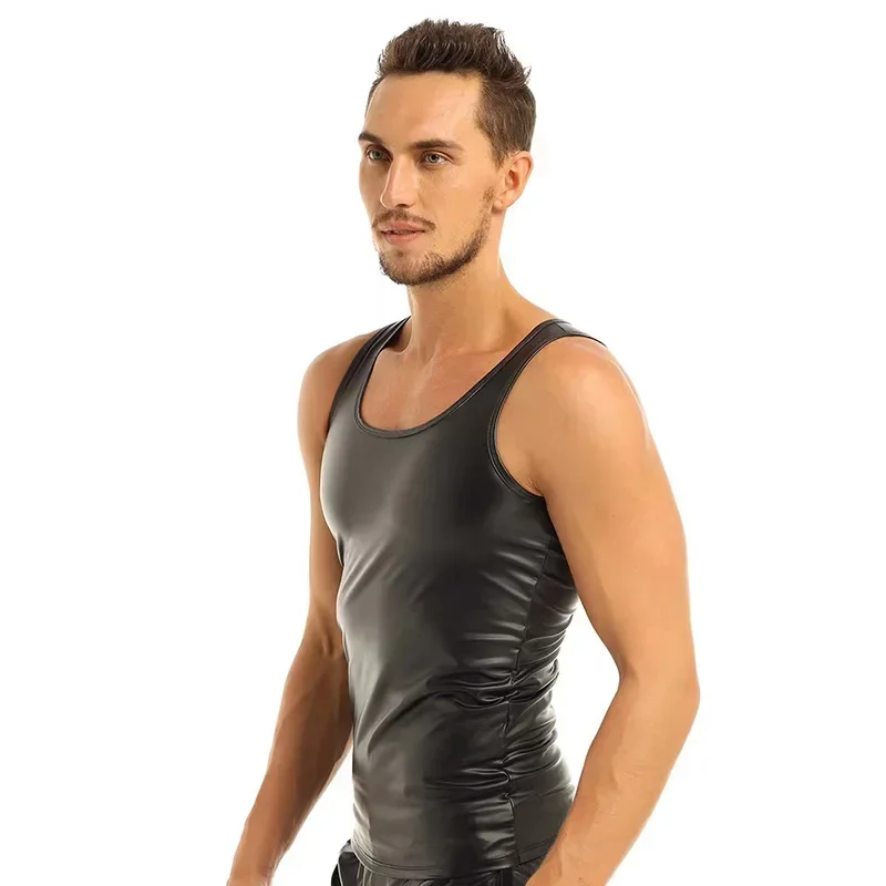 Men's Faux Leather Vest Sexy Matte PU Tank Top Gym Undershirts Sleeveless Round Neck Shirt Waistcoats Summer Clubwear Custom New