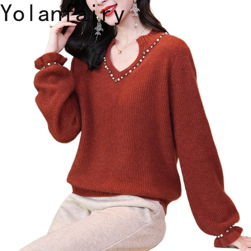 

YOLANFAIRY 15% Wool 35% Cashmere Sweater Woman Korean Fashion Beading Knitted Sweaters Women Long Sleeve Tops Pullover Damen