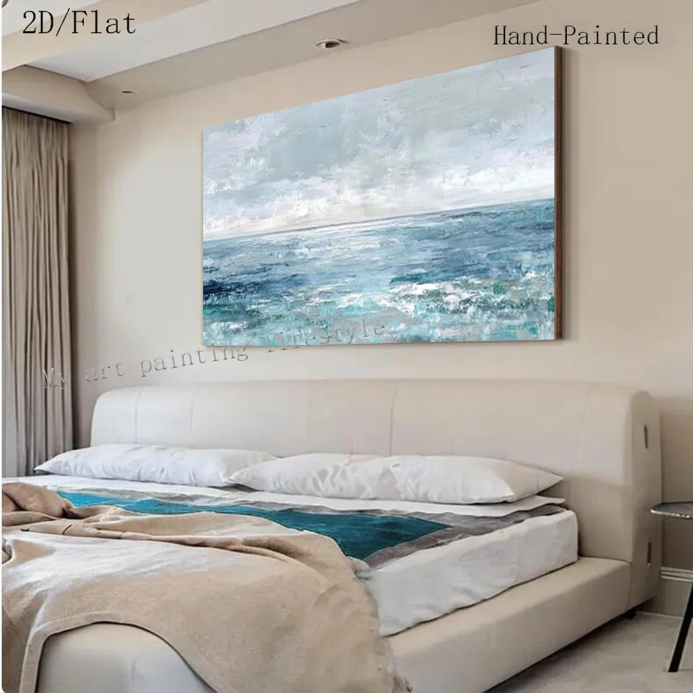 100% Handmade Abstract Oil Painting New Thick Layer Sea View Wall Art Image Original Mural for Living Room Home Decor Picture