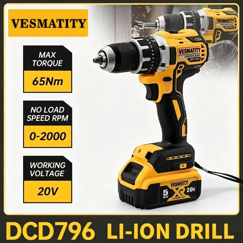 DCD796 Brushless Impact Electric Drill Multifunctional Cordless Screwdriver Rechargeable Power Tools For Dewalt Battery