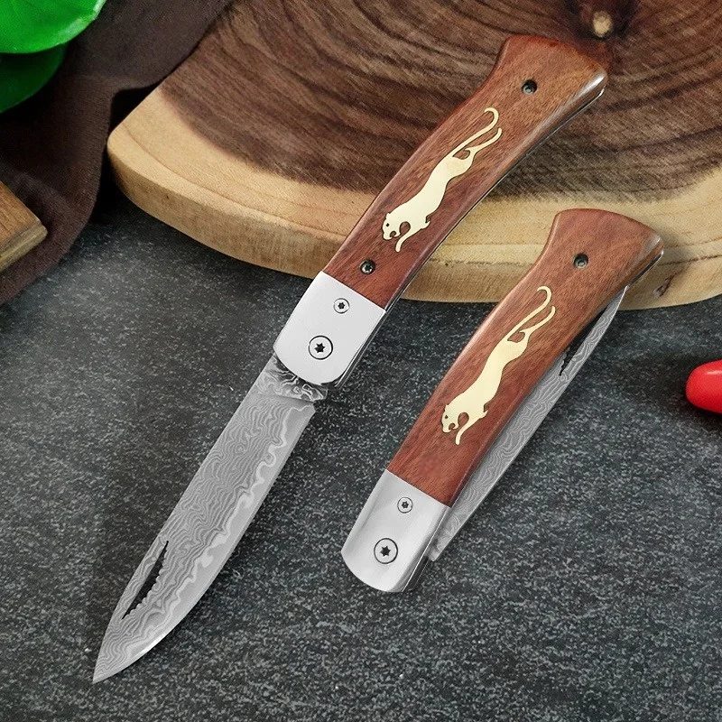 

Brass Cheetah Damascus Steel Folding Knife Wooden Anti-slip Handle Pocket EDC Multifunctional Outdoor Camping Fruit Knife