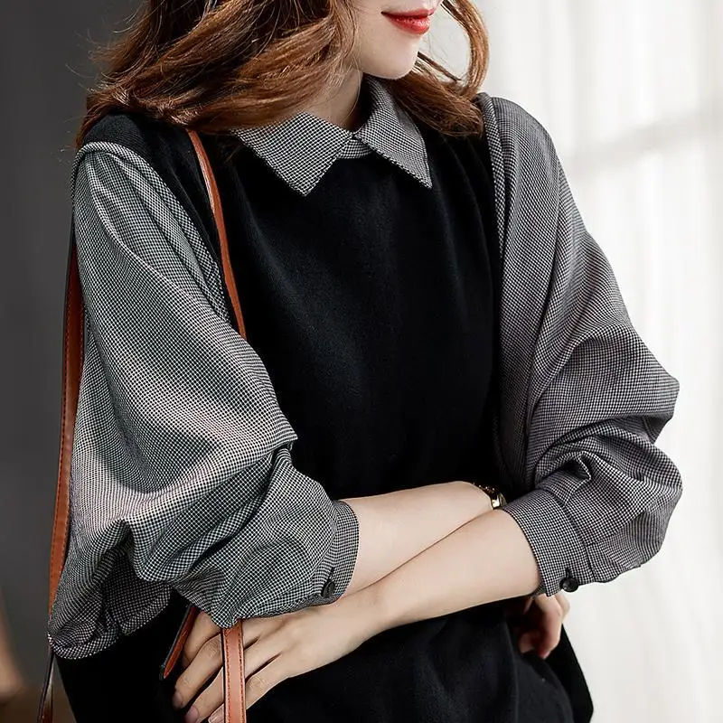 

Office Lady Casual Plaid Patchwork Shirt Spring Autumn Peter Pan Collar Korean Loose Women's Clothing All-match Button Blouse