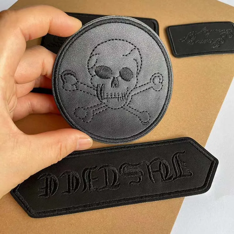 Black Leather Badges Stick On Patch Applique Repair Sticker,Skull,Letters Embroidery Self adhesive Patches For Clothing,Jacket