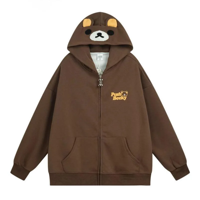 Linda sudadera con cremallera Rilakkuma, chaquetas elegantes con temática de animales, sudadera con capucha con orejas de oso para mujer, sudaderas