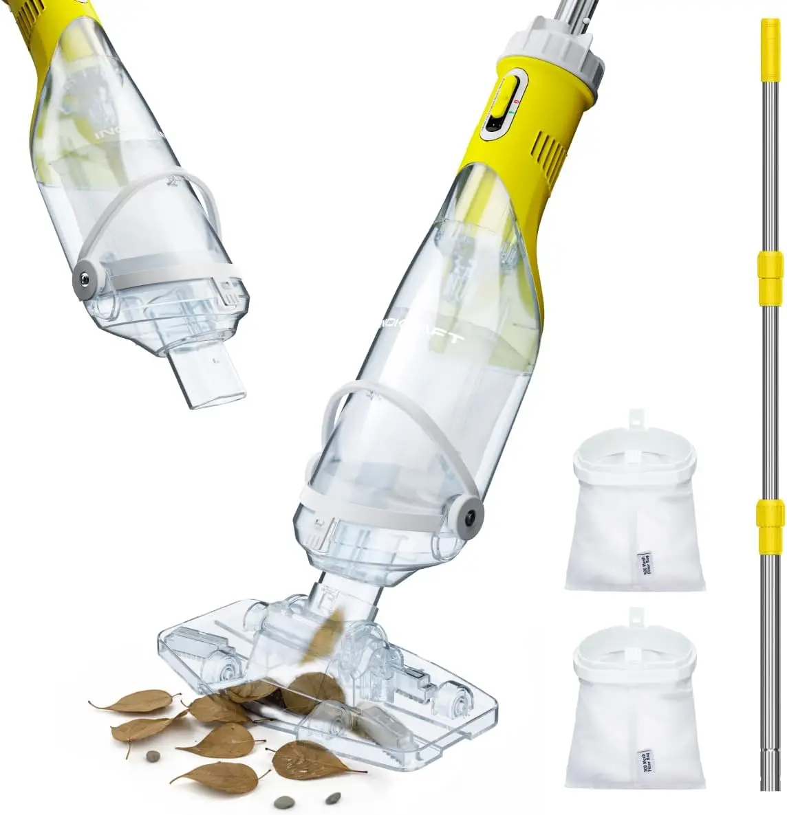 

Handheld Pool Vacuum for Above Ground and Inground Pools, Transparent Head, 59” Extendable Pole, for Leaves, Shallow Steps