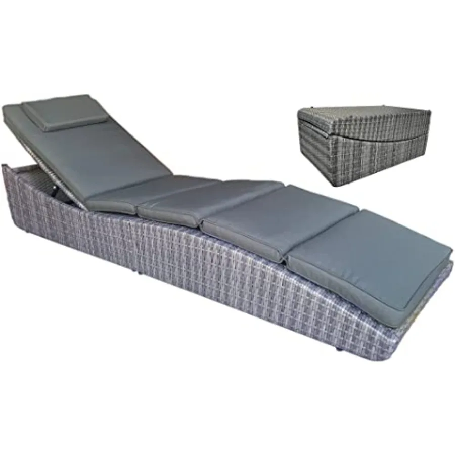 Outdoor chaise lounge chair for pool and patio use, woven rattan material, grey color, foldable design with adjustable padded b