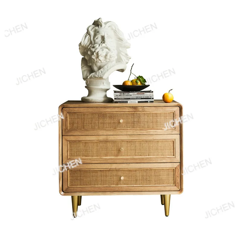 

Nordic solid wood three-bucket cabinet, simple modern locker, bedroom multi-functional bedside table, rattan storage cabinet