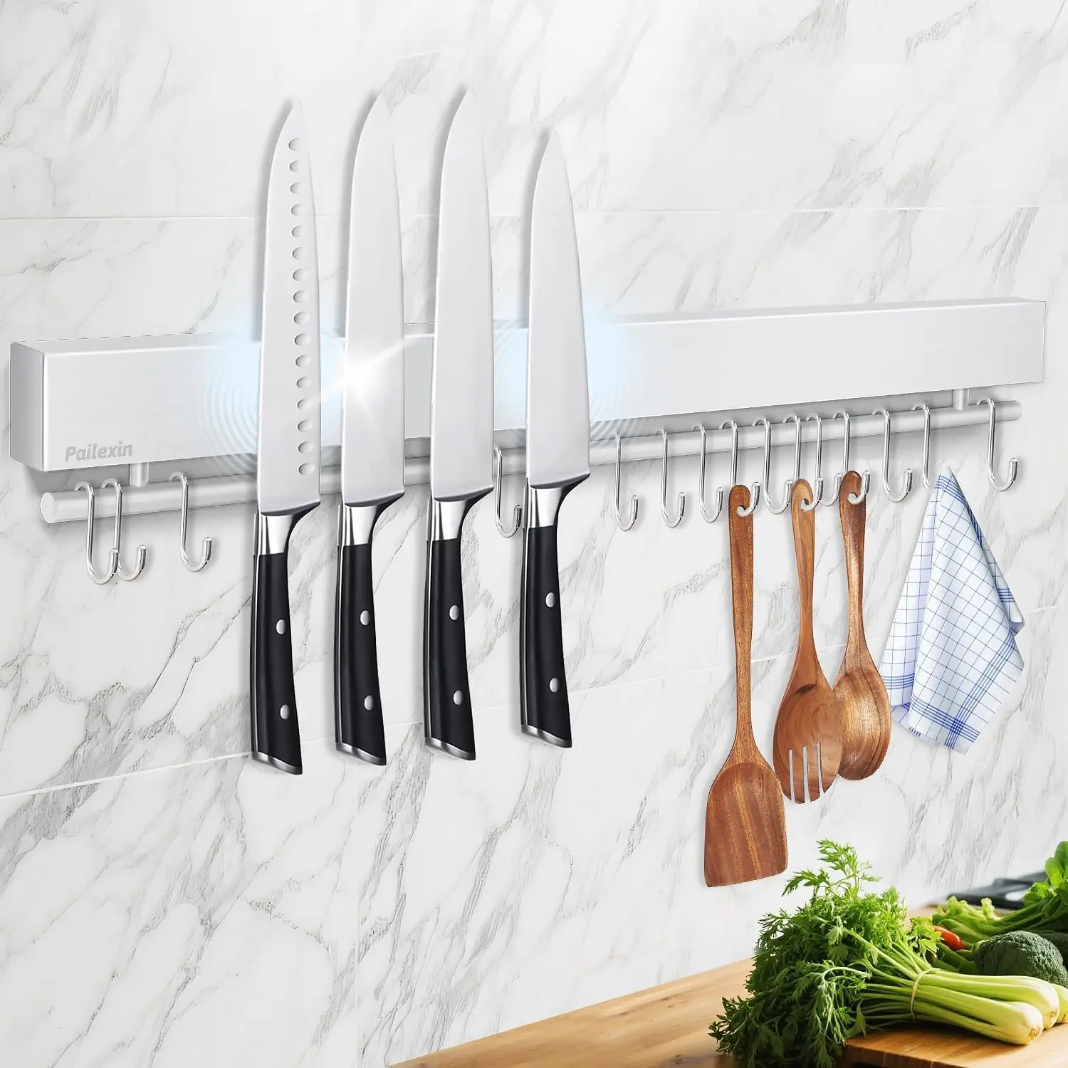 

23" Magnetic Knife Holder for Wall - Stainless Steel, No Drill, 15 Hooks, Kitchen Utensil Organizer
