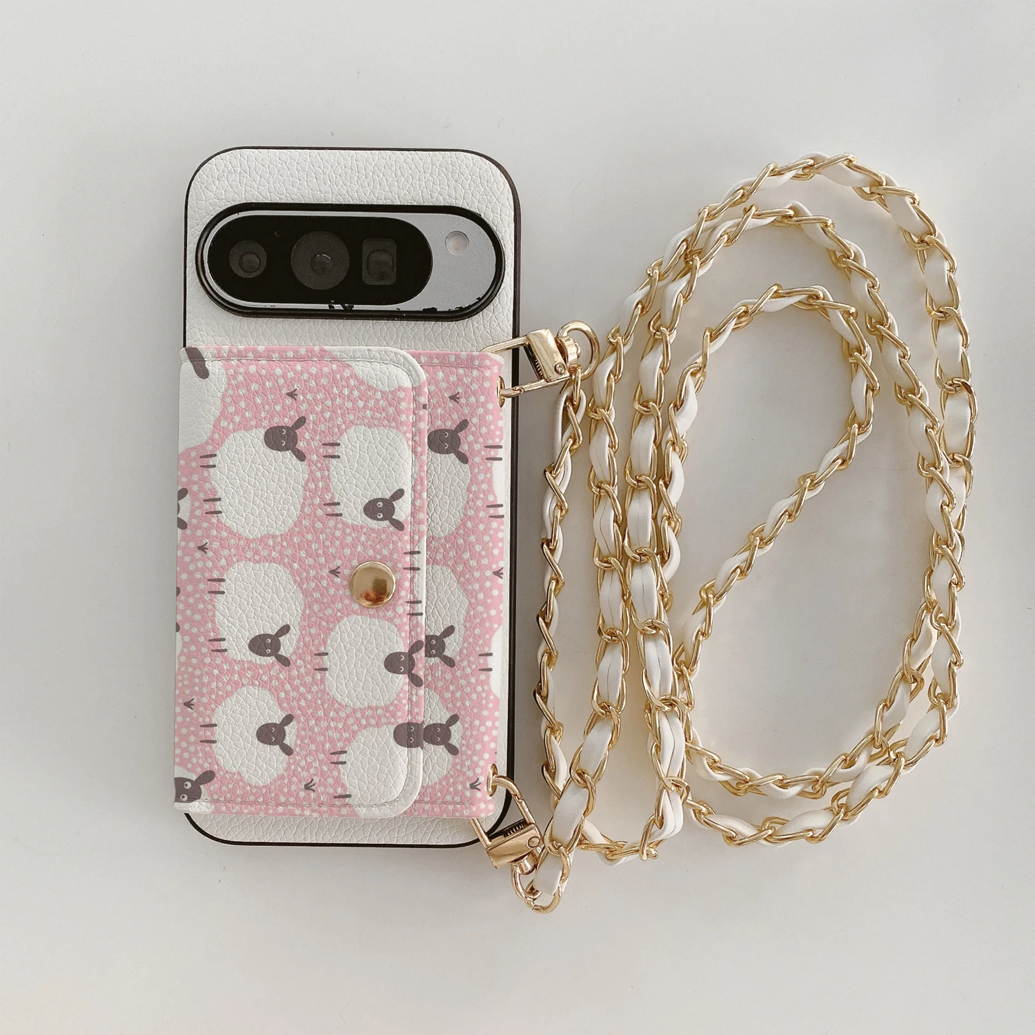 Rosa Schaf-PU-Leder-Handyhülle mit Kartenfach, abnehmbarer Kette, stoßfest, für Google Pixel 6 7 8 9 10 Pro XL