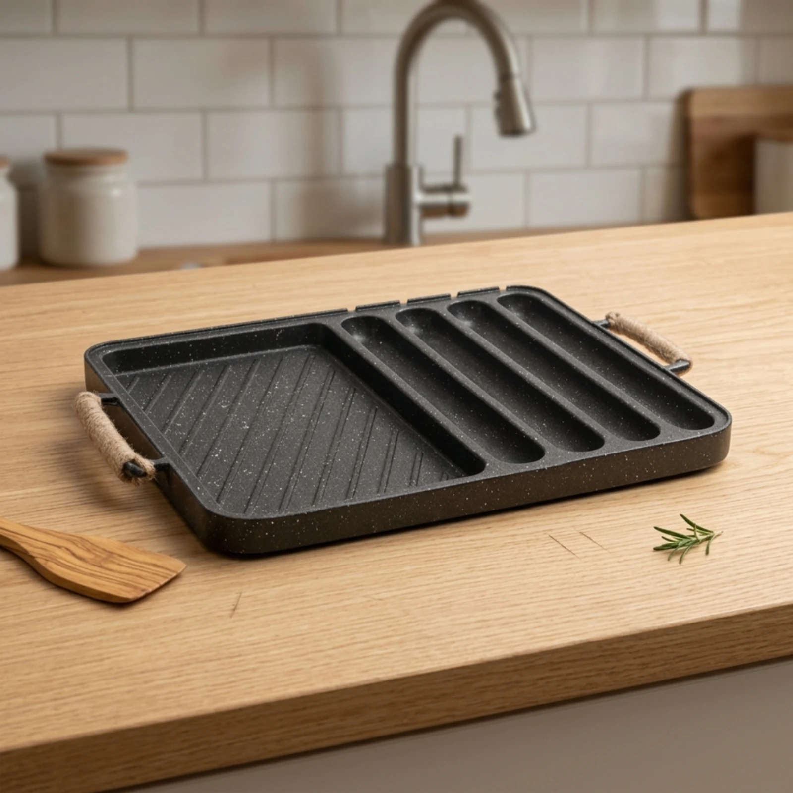 Divided Grill Pan Rectangular Grill Pan with Rope Handles Griddle Lightweight Compact for Home Cooks, Korean Barbecue view 3