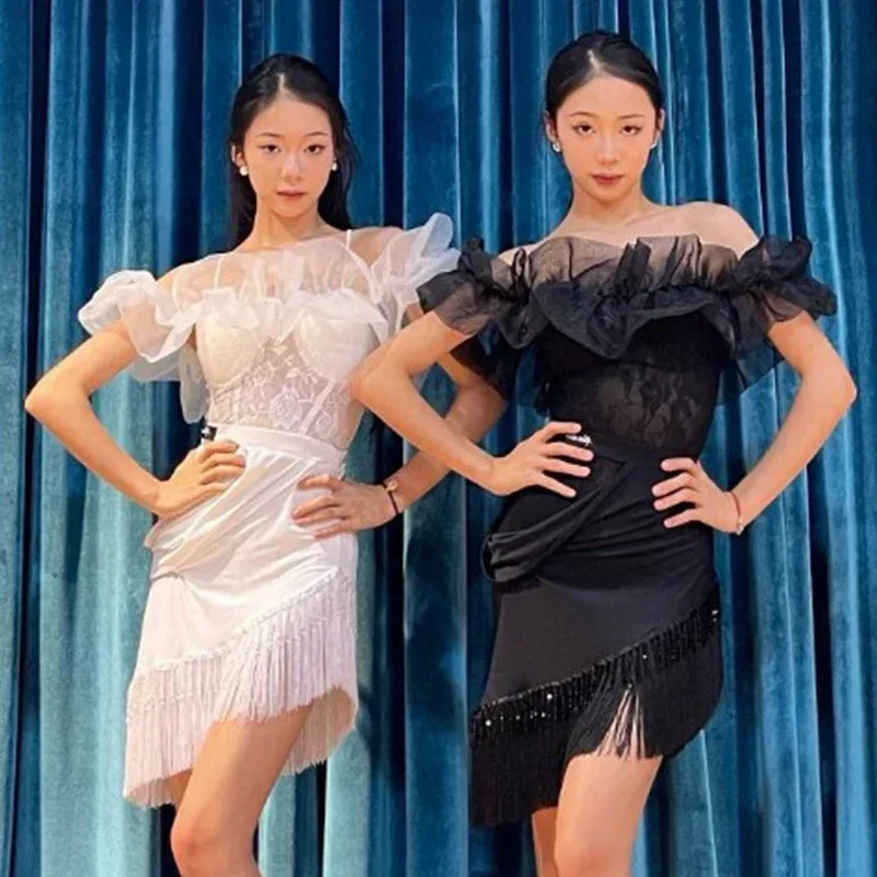 

Женские черно-белые кружевные топы, юбка с кисточками, клубная одежда для взрослых, тренировочное платье, сказочная одежда с оборками, одежда для латинских танцев