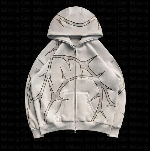 Hip Hop Rhinestone Print Hoodies Pants Suit Men Women Streetwear Fashion Y2k Zipper Hoodie Jacket Gothic Autumn Loose Sweatshirt