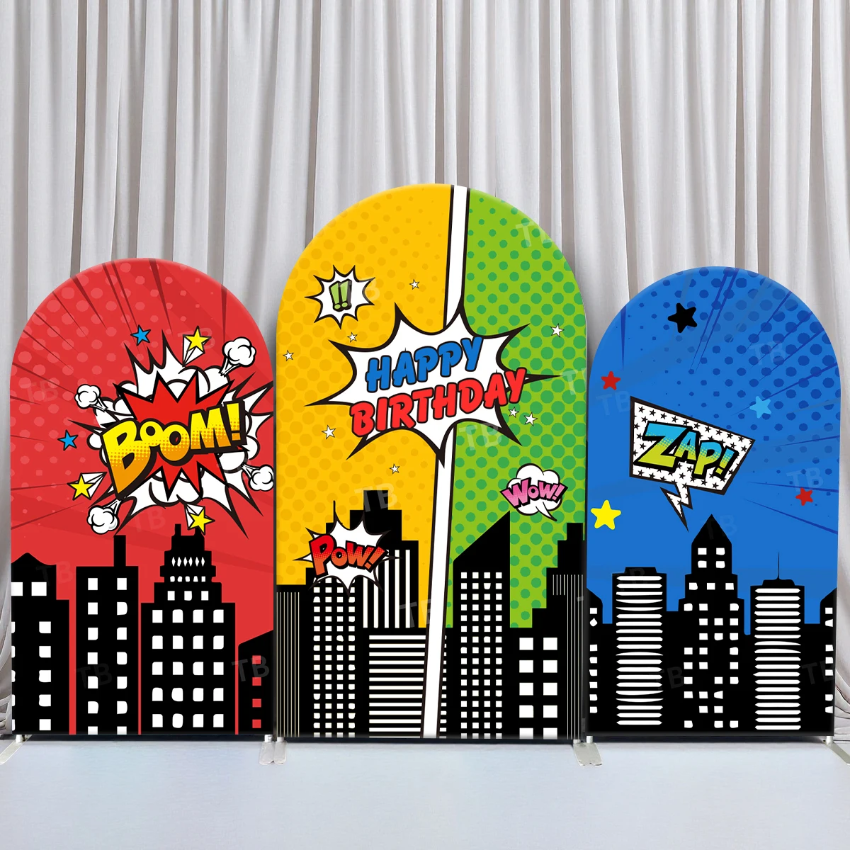 

TB Superhero Arch Backdrop Cover Cartoon Comic City Building for Boy Birthday Party Baby Shower Photograph Background Decoration