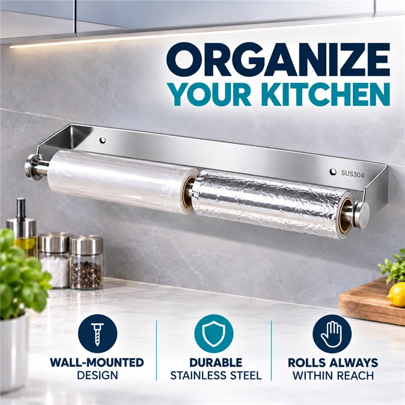 Kitchen Paper Roll Holder Wall Mounted 304 Stainless Steel Punch-Free Paper Towel Cling Film Storage Rack