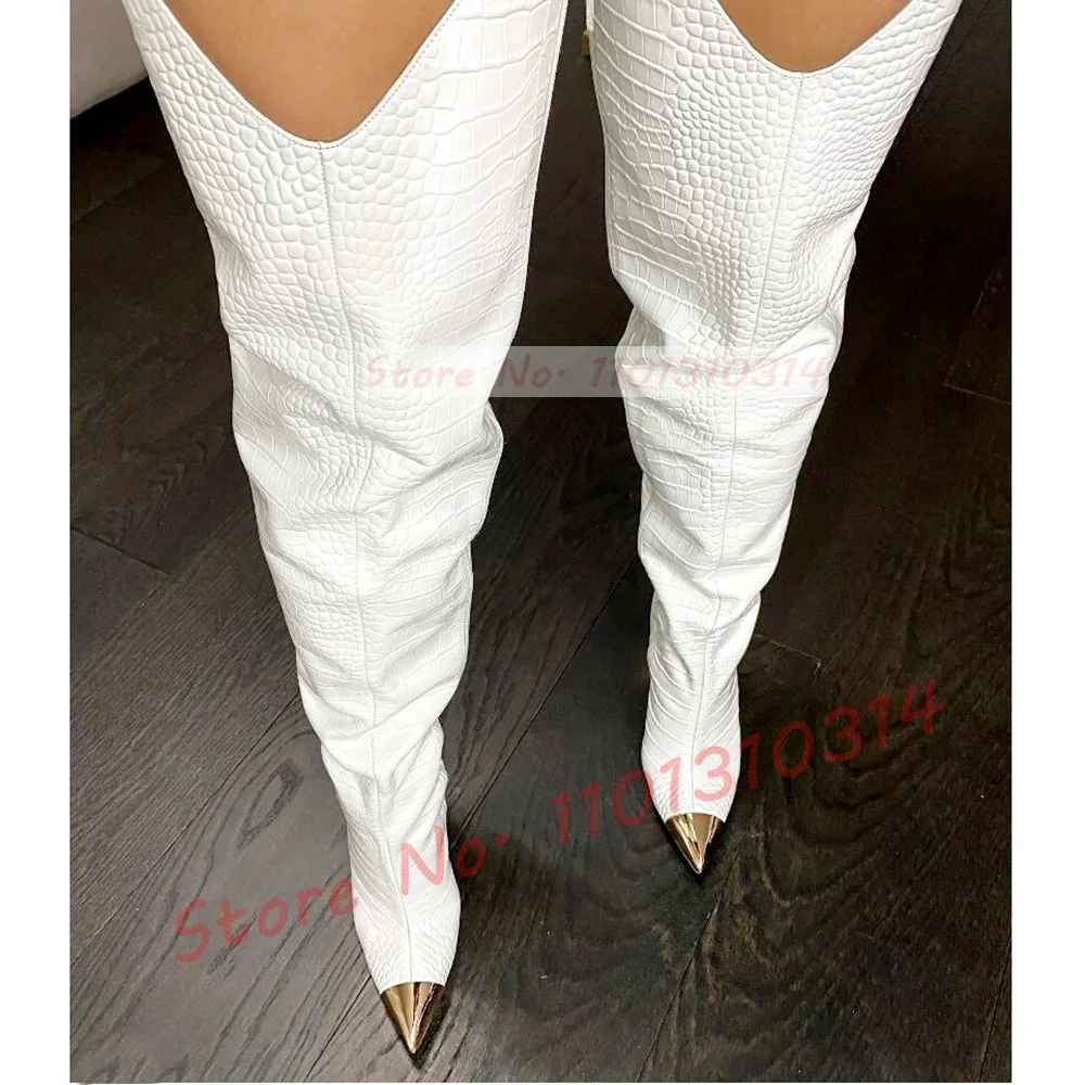 Pointy Gold Toe Croc Long Boots Women Sexy Leather Splicing Gold Thick High Heels Zipper Boots Ladies Winter Thigh High Shoes