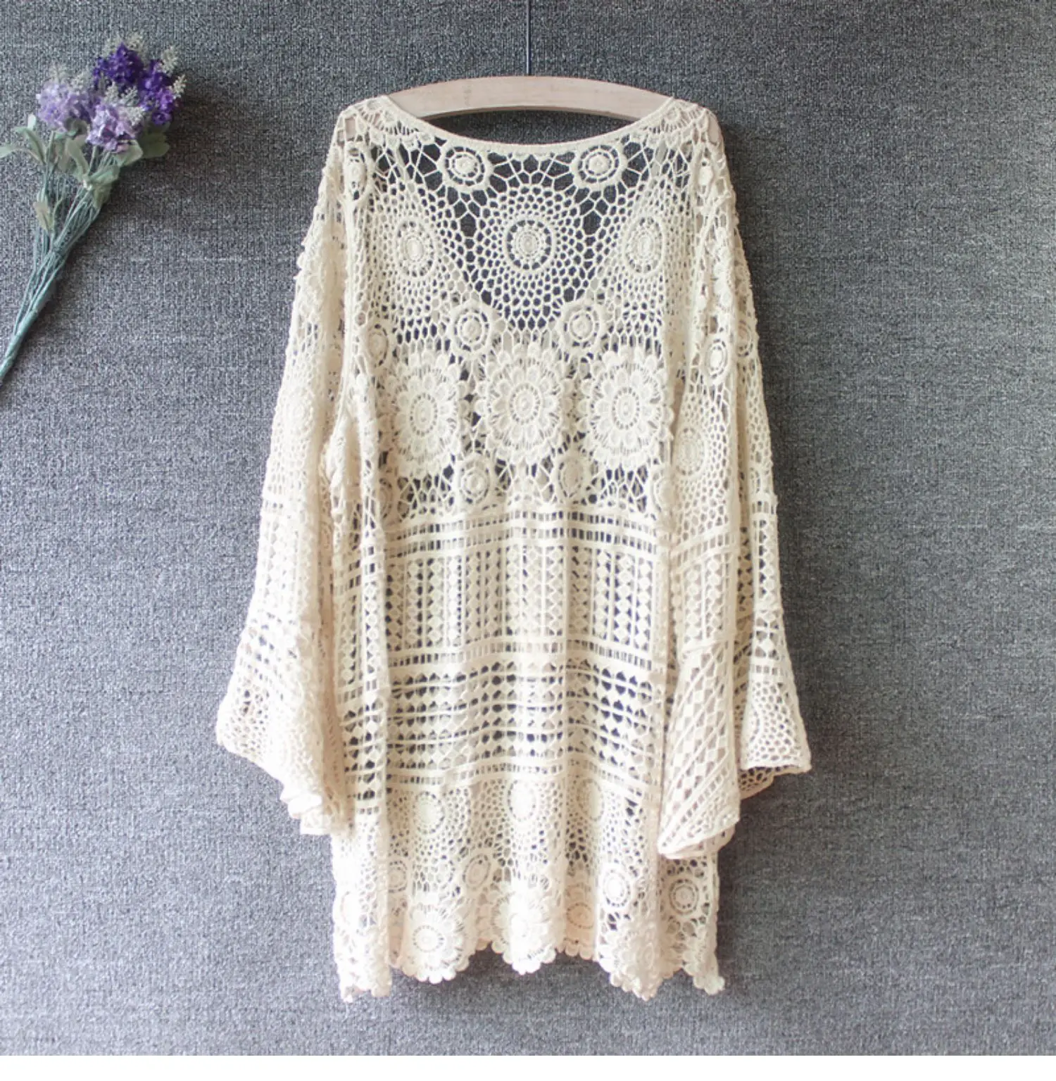 Hollow Out Hook Flower Smock Flared Sleeves Lace Pullover Lace Up Mid-length Loose Vacation Style Knitted Cover Shirt