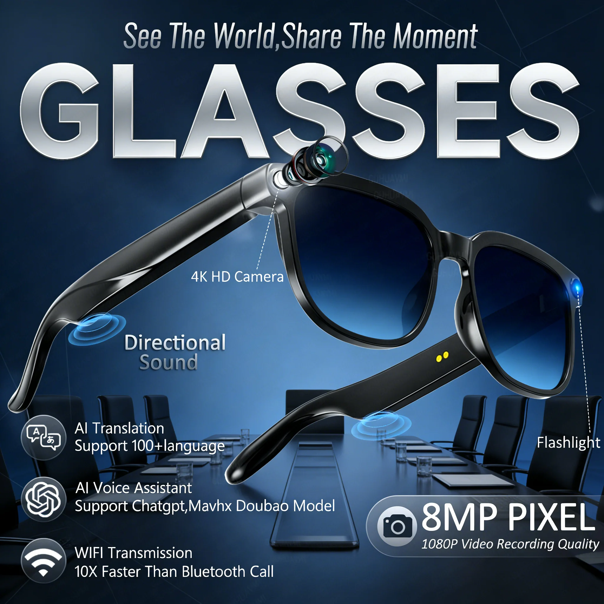 

Smart Camera Glasses with 8MP HD Camera Hands-Free Video Real-Time Translation Voice Assistant Open-Ear Audio Vlogging Glasses