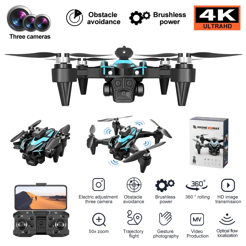 Drone K12 Max Foldable Brushless Three camera Obstacle Avoidance Four Axis  Optical Flow 4K HD Aerial Photography Dron Toys