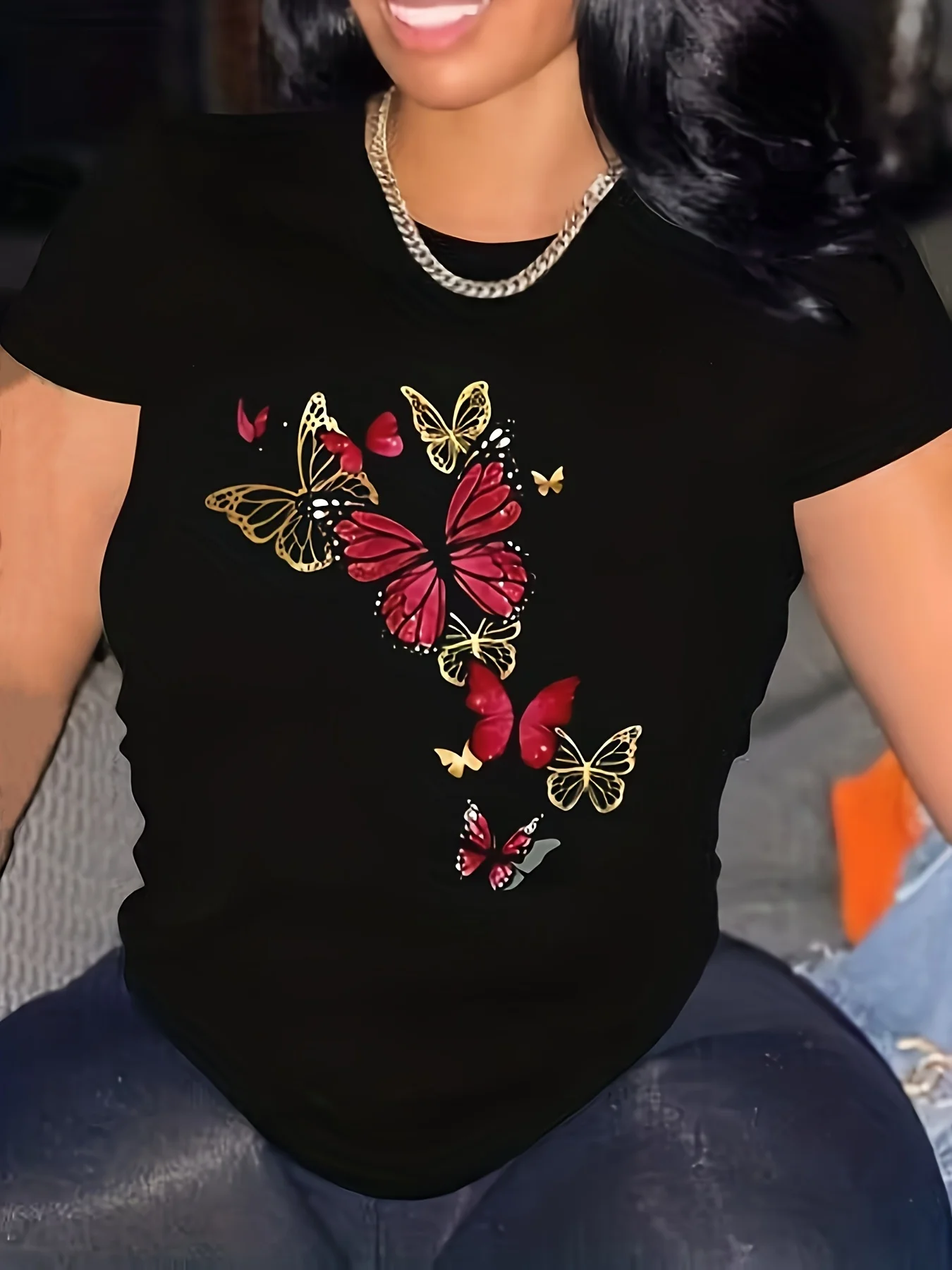 Women's Casual T-shirt Women's Plus Butterfly Print Short Sleeve Round Neck Medium Stretch T-shirt Soft Comfortable Casual Tee