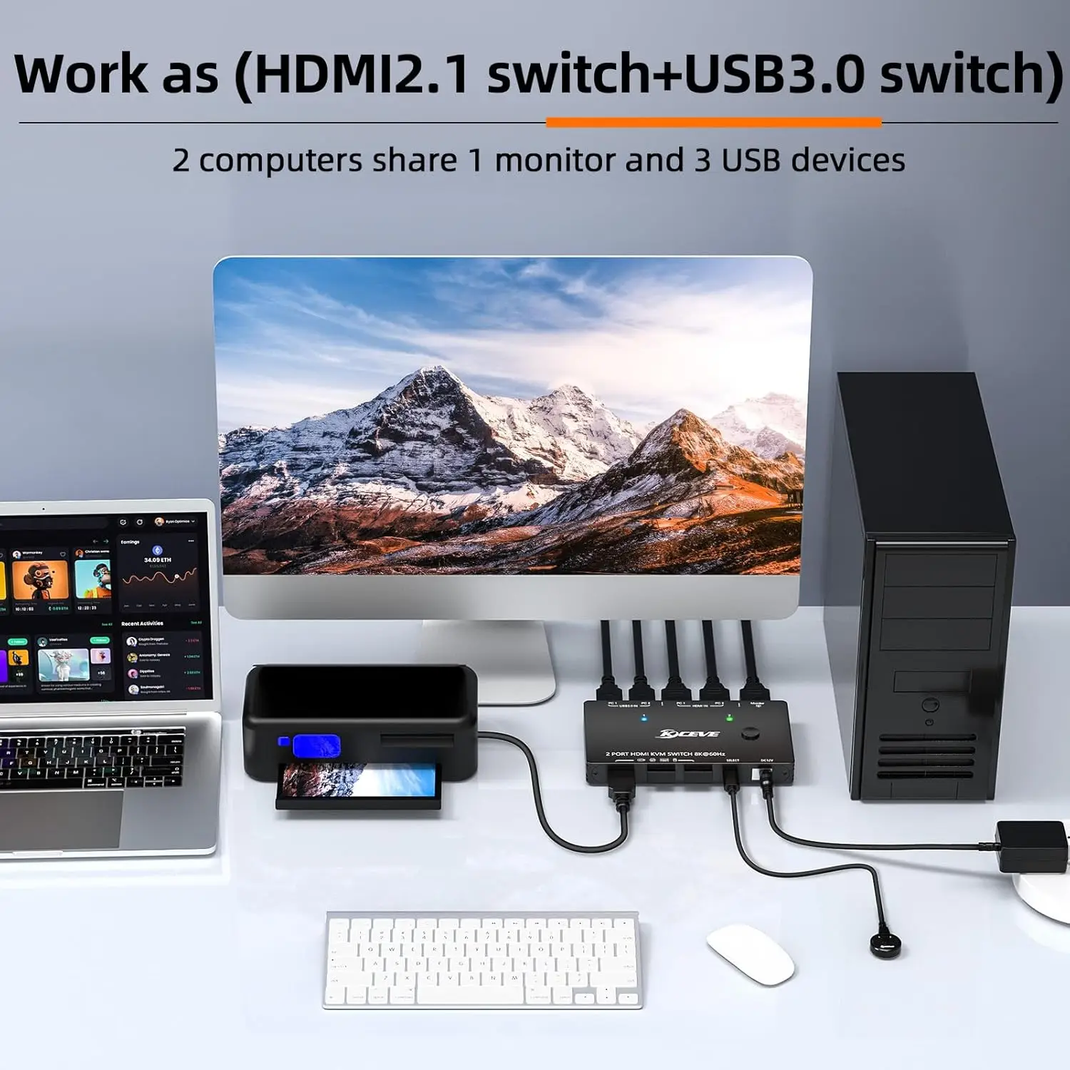 8K KVM Switch HDMI 2 Port 8K@60Hz 4K@120Hz,HDMI KVM Switch for 2 Computers Share 1 Monitor and 3 USB 3.0 Devices,HDCP 2.3,HDR 10