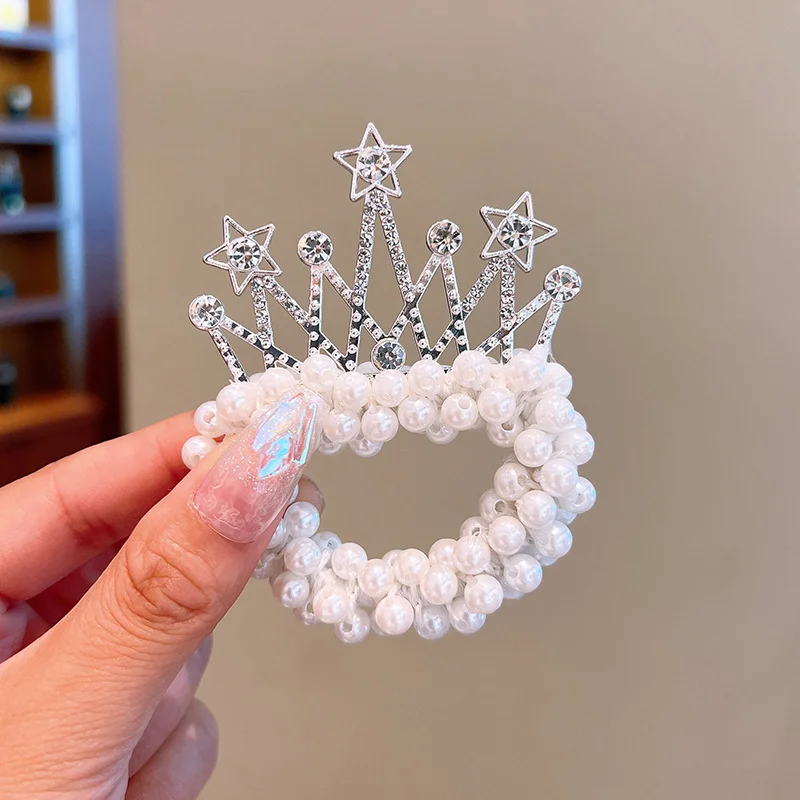 2pcs Hair Accessories Crown Headdress Female Children Tie Hair Leather Strap Princess Headband Marble Head Little Girl Pearl