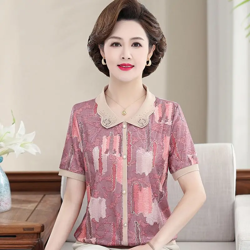 

Маты среднего и пожилого возраста с лацканами Топы из ледяного шелка Высококачественная стильная свободная футболка с короткими рукавами