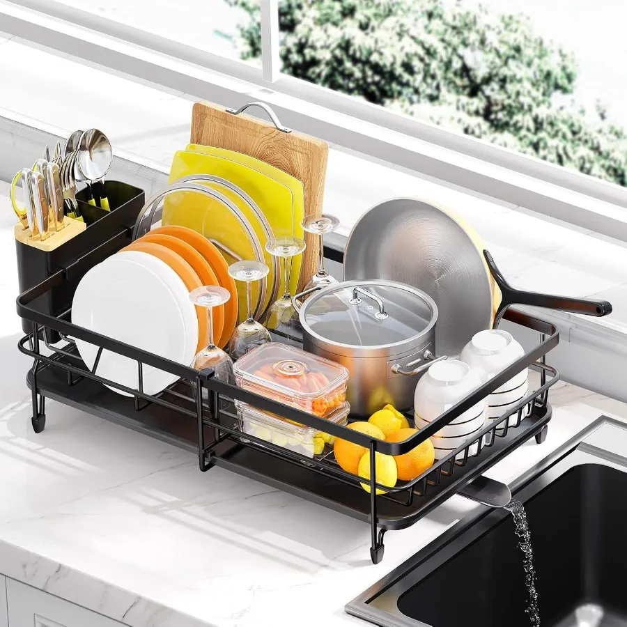 

Expandable Dish Drying Rack for Kitchen Counter Large Extendable Dish Rack with Bamboo Cover Cutlery Holder Multifunctional Adj