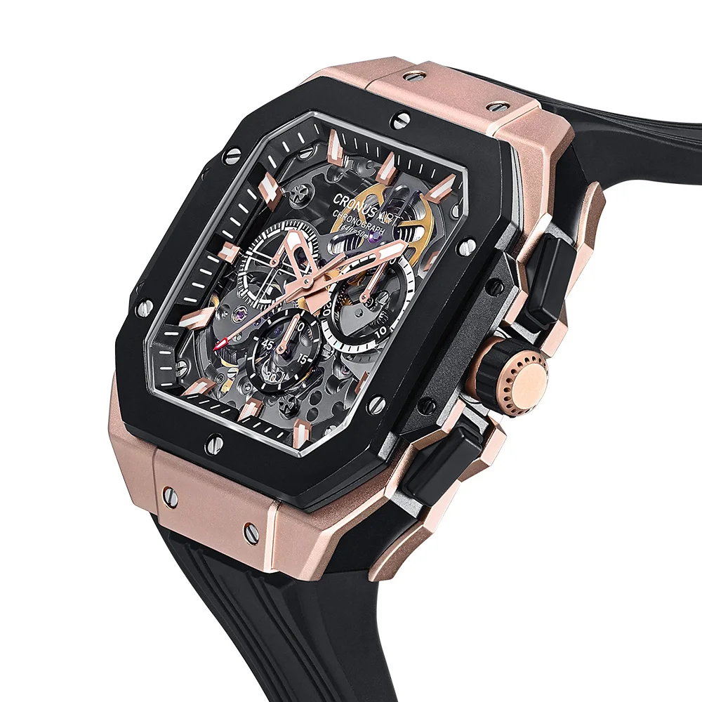 CRONUSART ساعة أوتوماتيكية للرجال كرونوغراف 45 مللي متر مستطيل ساعة اليد الميكانيكية الكربون الصلب حالة مضيئة الهيكل العظمي الهاتفي