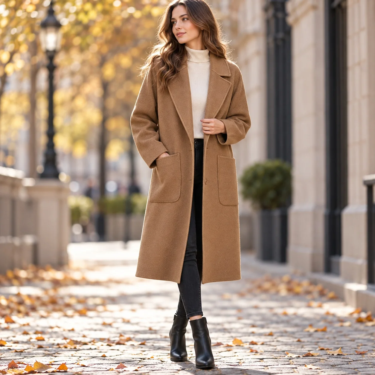 Pockets Loose Fit Coat with Notched Lapel Casual Long Sleeves Regular Sleeves High Temperature Setting Long Length Women Coat
