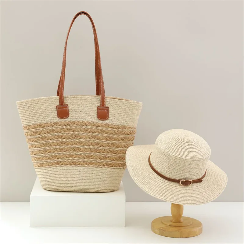 USPOP Summer 2-pieces Straw Hat and Bag Women French Flat Straw Hat with BeltLarge Capacity Straw Tote Bag for Beach Vacation