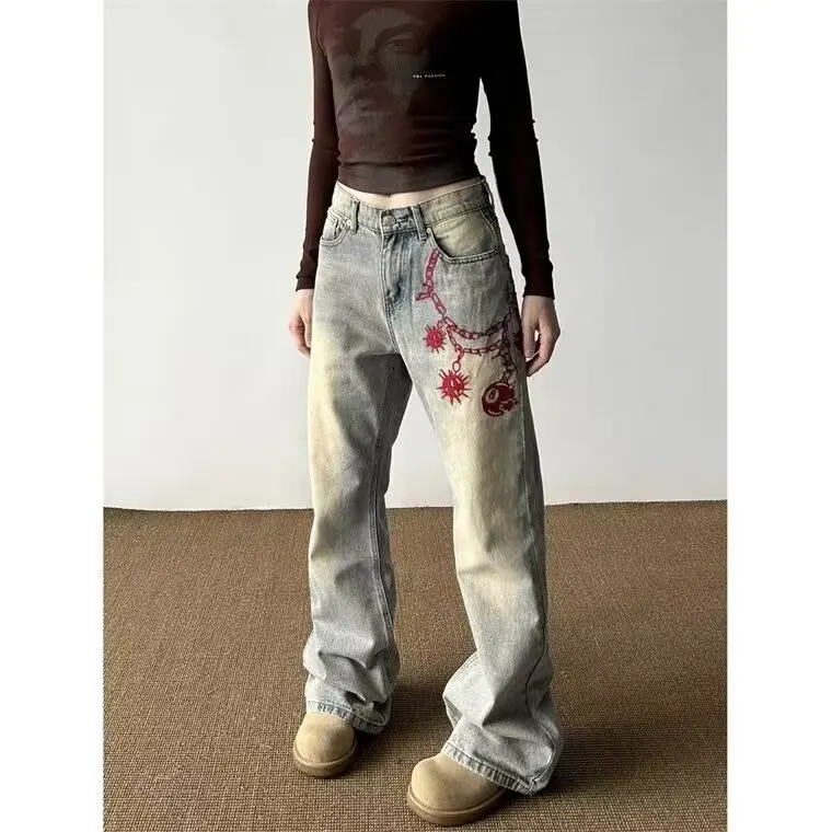 Chain embroidery pattern wide leg unisex jeans cool boys fashion bottoms loose denim trousers men's personality trend