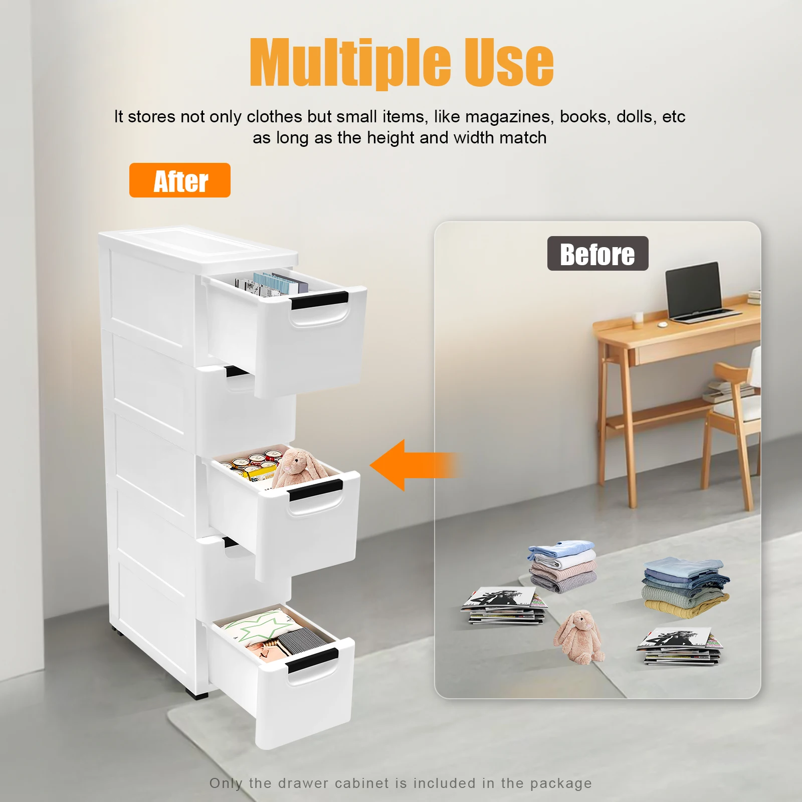 

Plastic 5-Layer Storage Cabinet, White Storage Drawer Cabinet with 4 Wheels, for Storing Clothes, Towels, Toys, 20 × 40 × 84 cm