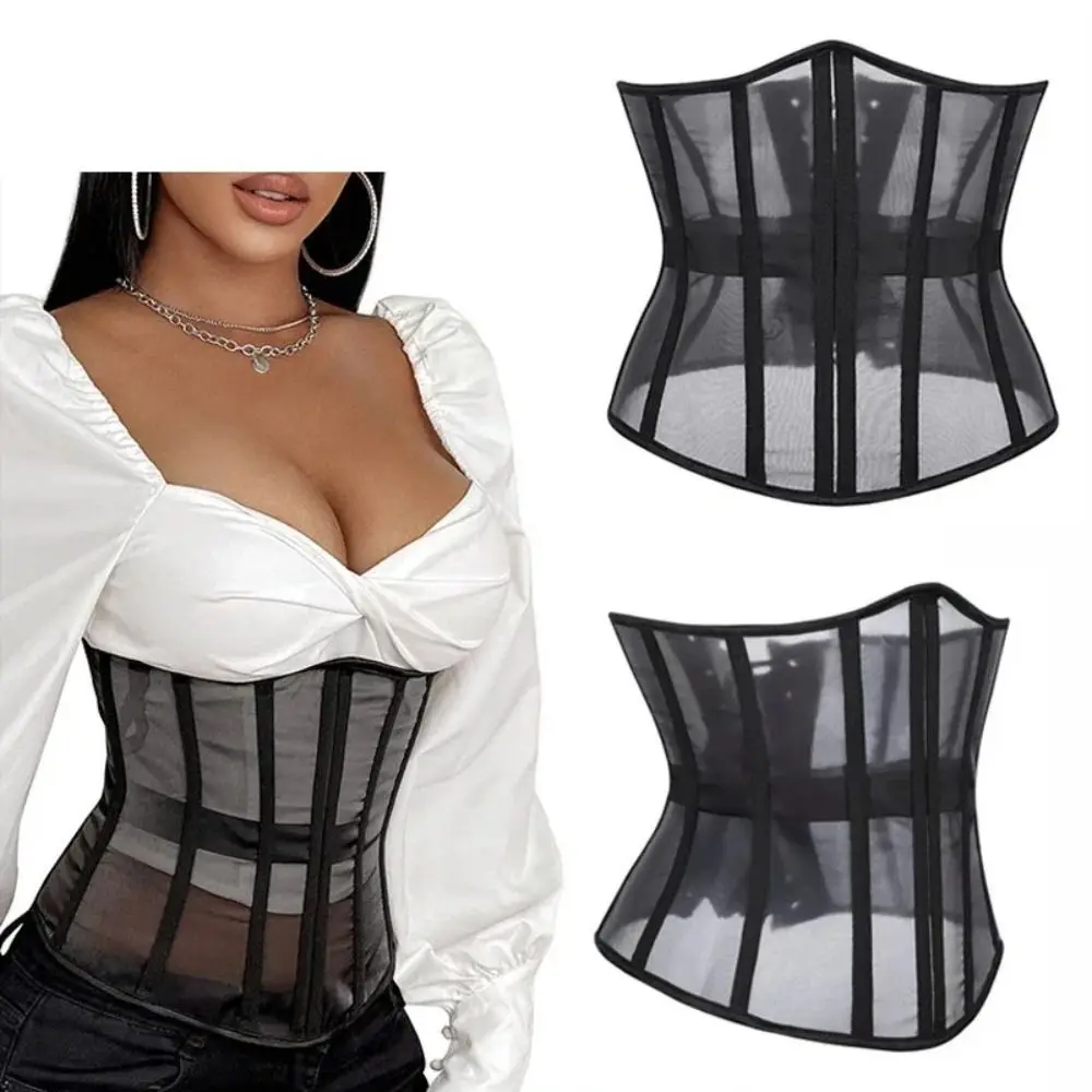 sexy-nylon-underbust-corset-black-adjustable-strap-waist-trainer-fish-bone-lace-up-girdle-belt-women