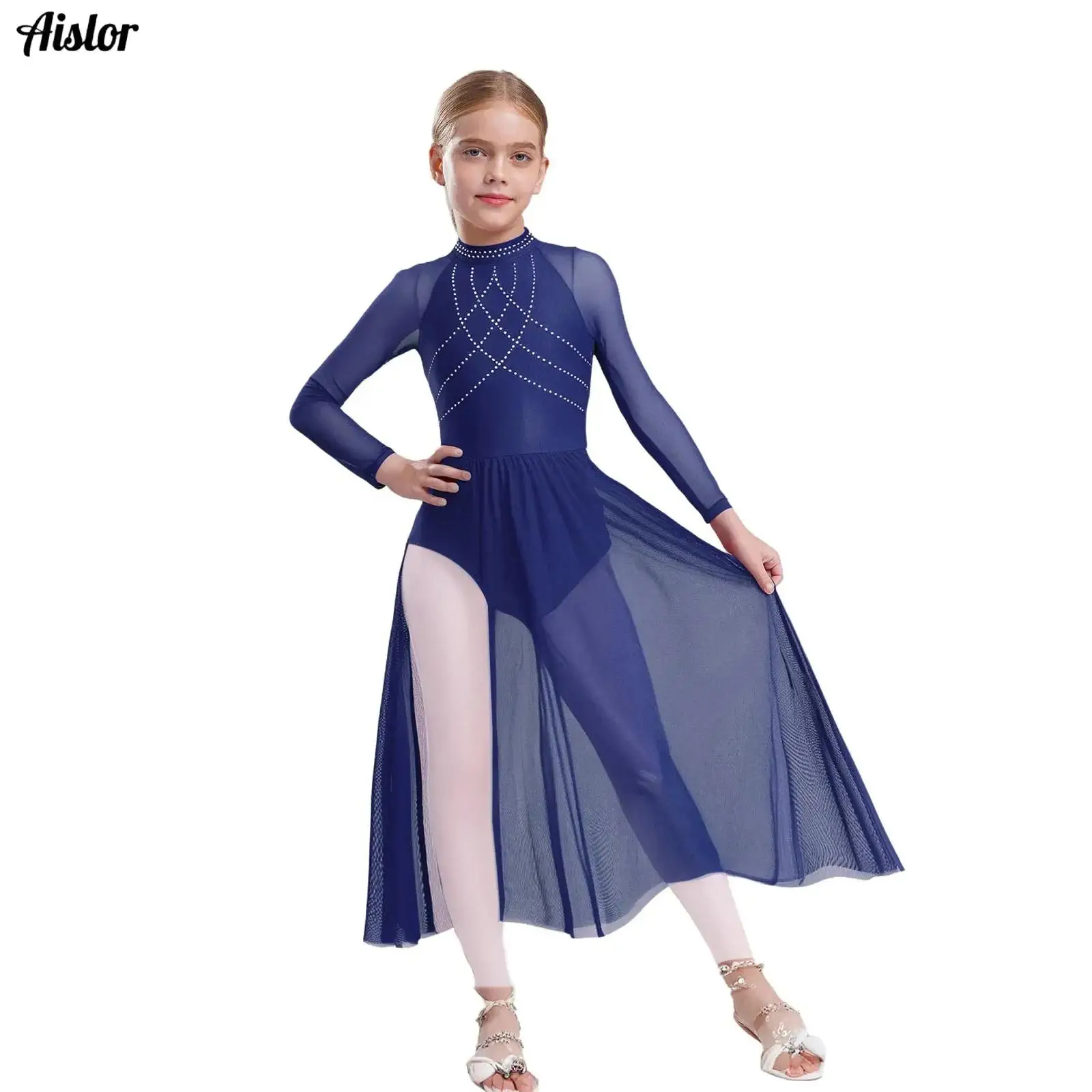 Kids Girls Ballet Lyrical Dance Dress Shiny Rhinestones Mesh Patchwork Flowy Split Long Sleeve Leotard Dresses Modern Dancewear