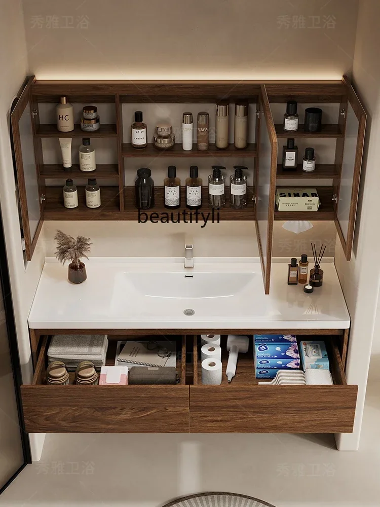 

LHX26 ss 26 Light Luxury Black Walnut Color Bathroom Cabinet Bathroom Table Ceramic Integrated Washbasin