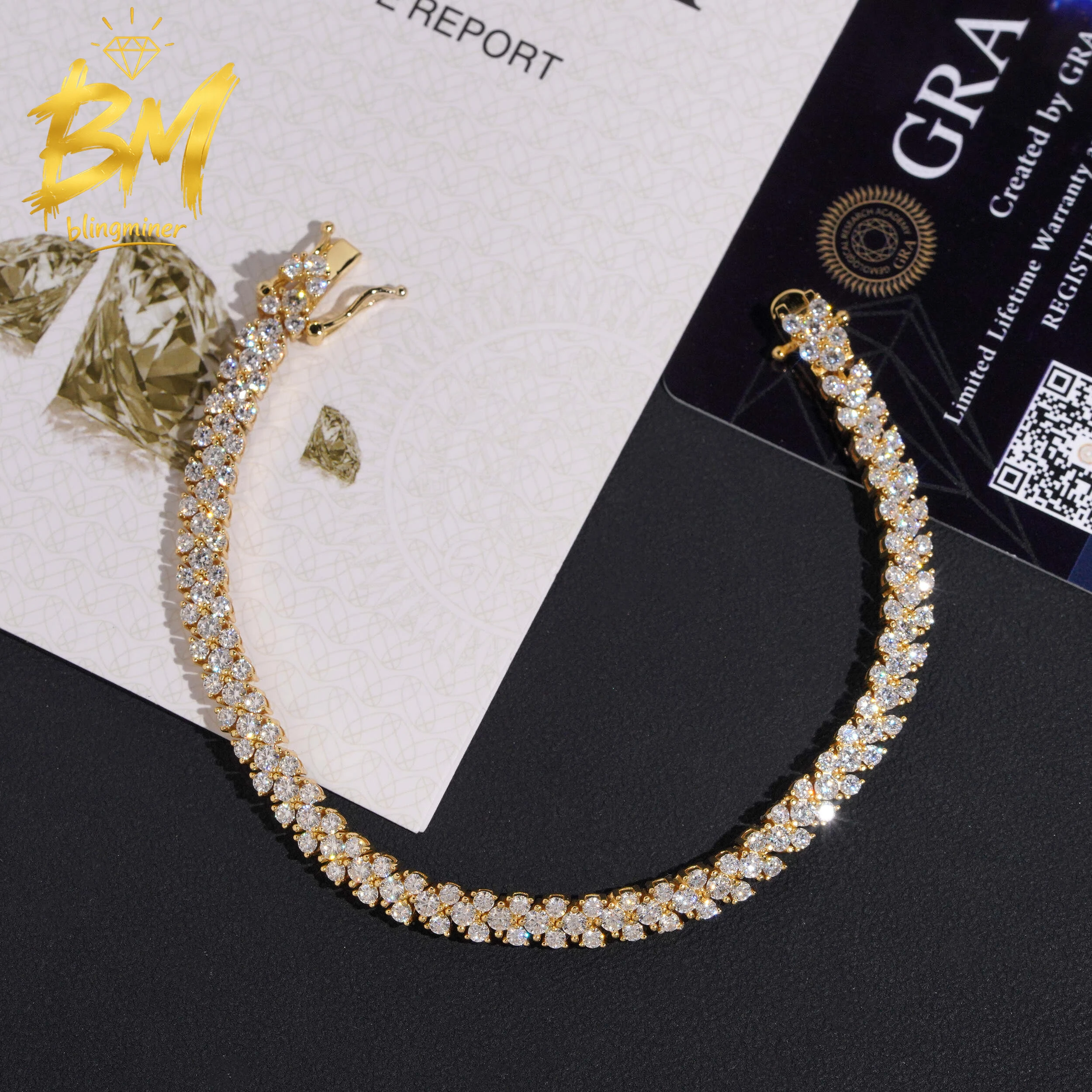 Blingminer 5.2MM Round Moissanite Tennis Chain Bracelet Iced Out Chain For Men Women S925 Silver Jewelry Pass Diamonds Tester