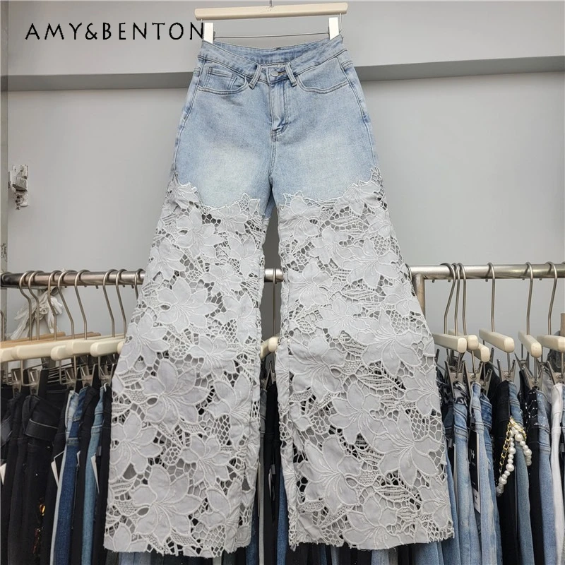

Lace Splicing Hollow Jeans Women's Fahsion Brand Summer 2025 New High-waisted Loose And Thin European Wide-leg Denim Trousers